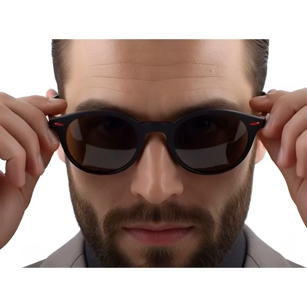 Mens Polarized Sunglasses Round Matte Black Frame Brown Lens Red Accent Fancy‎